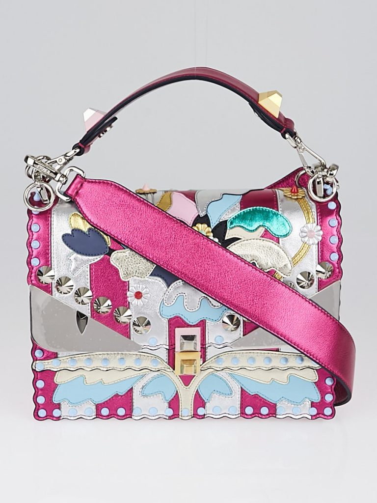 Fendi Pink Metallic Studded Kan I Wonder Flap Bag