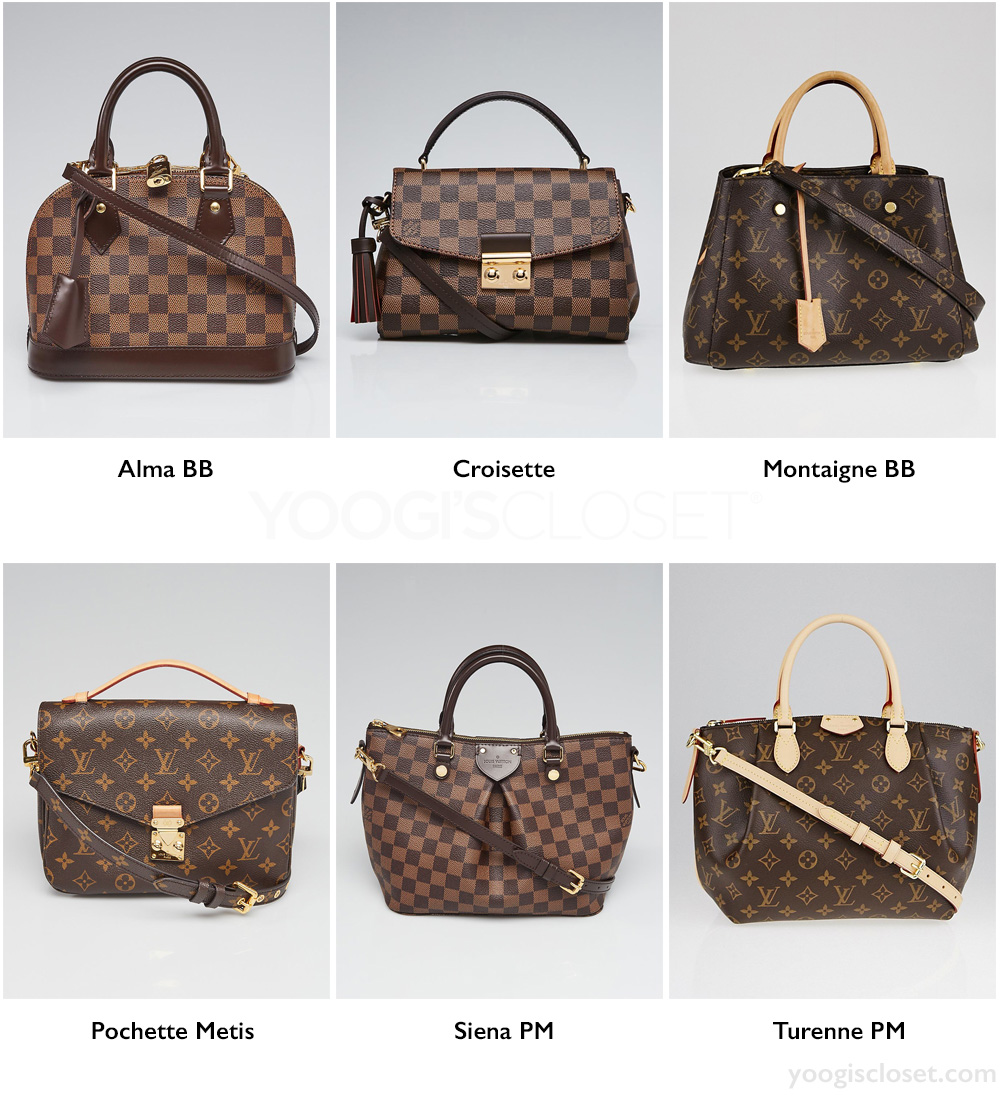Most Popular Louis Vuitton Top Handle Crossbody Bags: Alma BB, Croisette, Montaigne BB, Pochette Metis, Siena PM, Turenne PM | See more authenticated Louis Vuitton at YoogisCloset.com