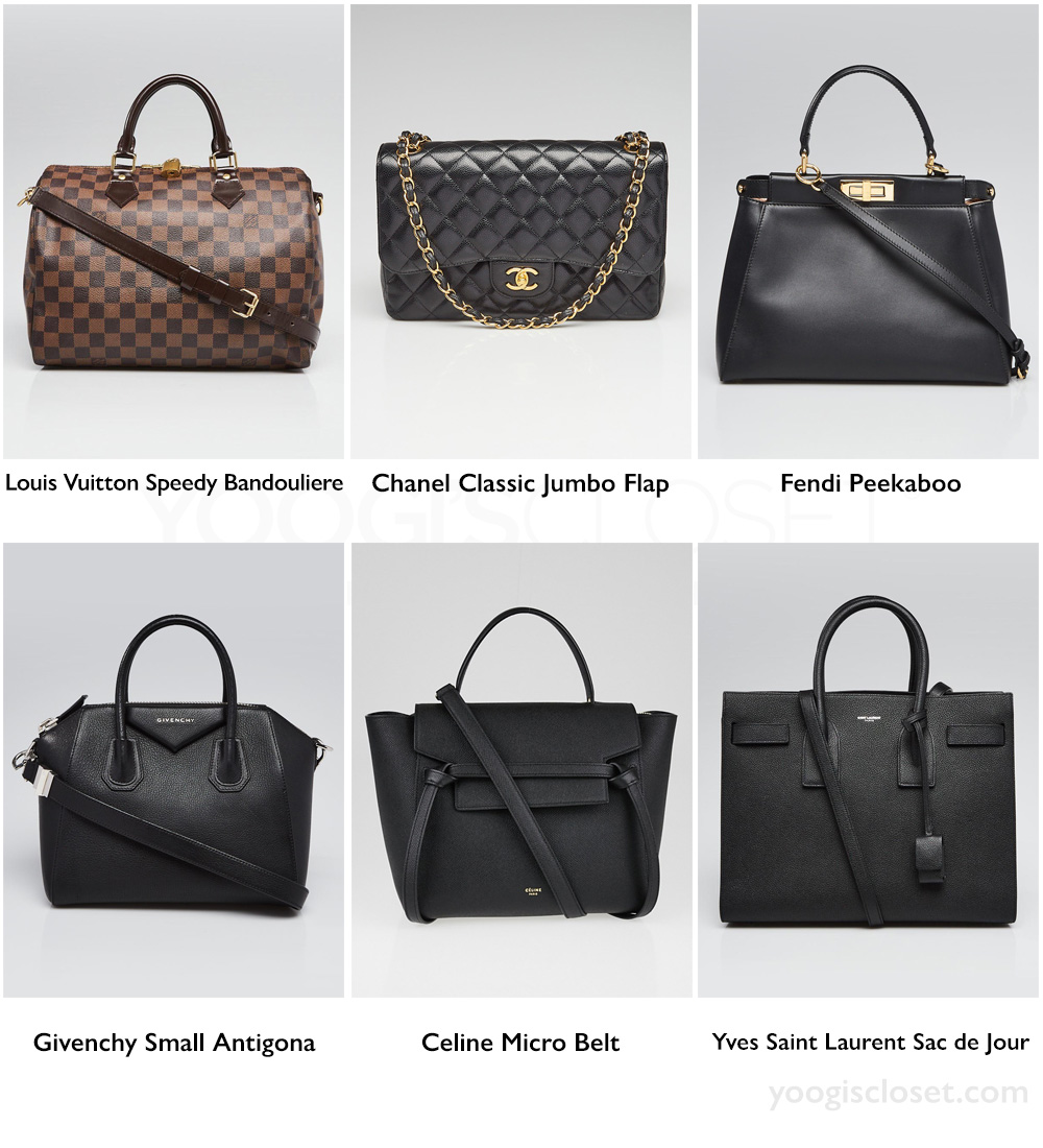 Best Designer Everyday Bags | Louis Vuitton Speedy Bandouliere, Chanel Quilted Classic Jumbo Flap, Fendi Peekaboo, Givenchy Antigona, Celine Belt Bag, Saint Laurent Sac de Jour | Yoogi's Closet Authenticated Pre-Owned Luxury yoogiscloset.com